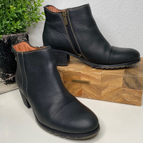 Pikolinos Black Leather Ankle Boots Side Zip Block Heel Casual Size 37EU 6.5-7US